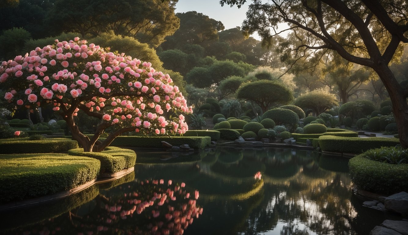 A lush garden with vibrant camellia sasanqua 'Star Above Star' blooming against a backdrop of ancient trees and a serene pond