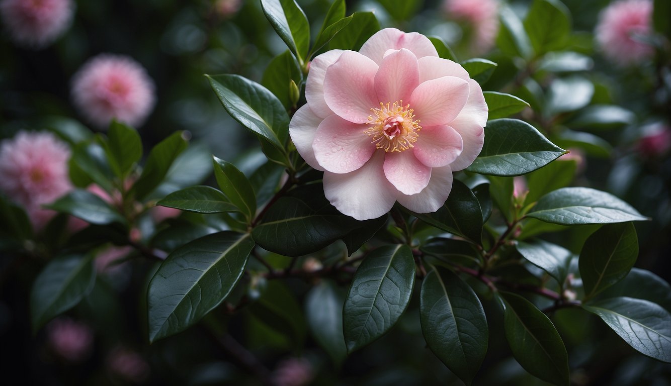 A close-up of 'Star Above Star' camellia sasanqua with layered, star-shaped petals in shades of pink and white, surrounded by glossy, dark green leaves