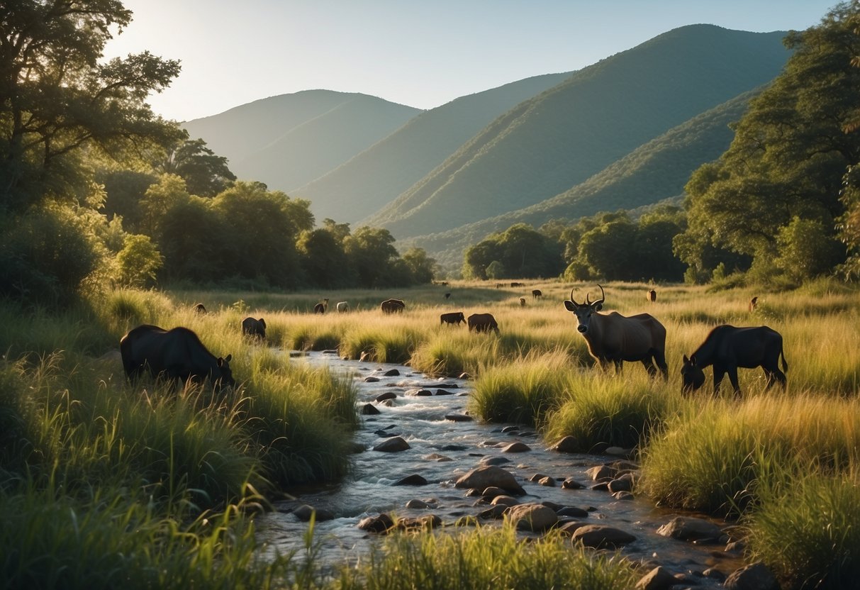 Animals gather near lush vegetation, as a winding river leads through dense forests and open grasslands. Mountains loom in the distance under a clear sky