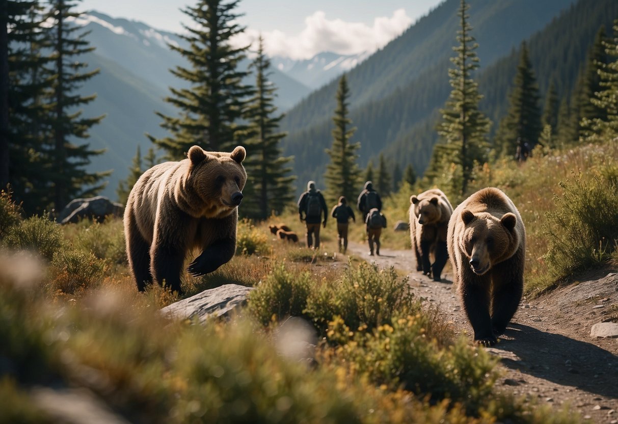 A bear and a group of hikers are seen from a distance, with the bear foraging for food and the hikers quietly observing from a safe distance