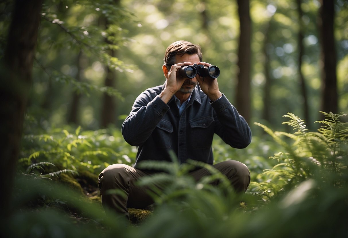 A figure uses binoculars to observe wildlife in a natural setting. The figure is positioned against a backdrop of trees and foliage, with the wildlife in the distance