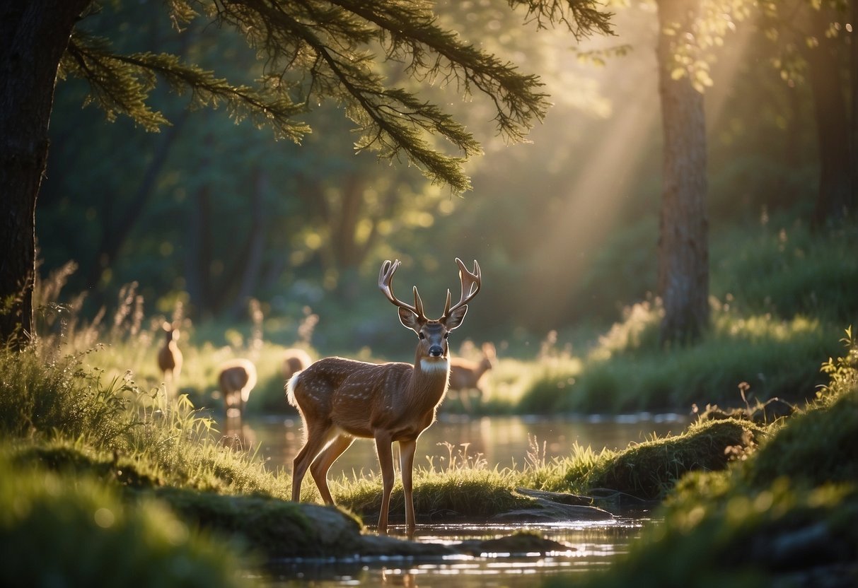 A serene forest clearing with a variety of wildlife peacefully coexisting. A deer grazes while a rabbit hops nearby. Birds flit between branches as a gentle stream trickles in the background