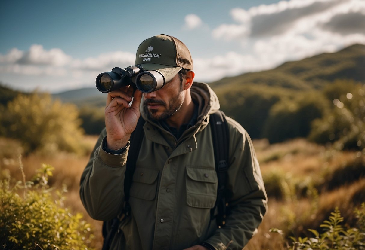 A person wearing appropriate clothing observes wildlife with binoculars in a natural setting. They stand quietly, respecting the animals' space