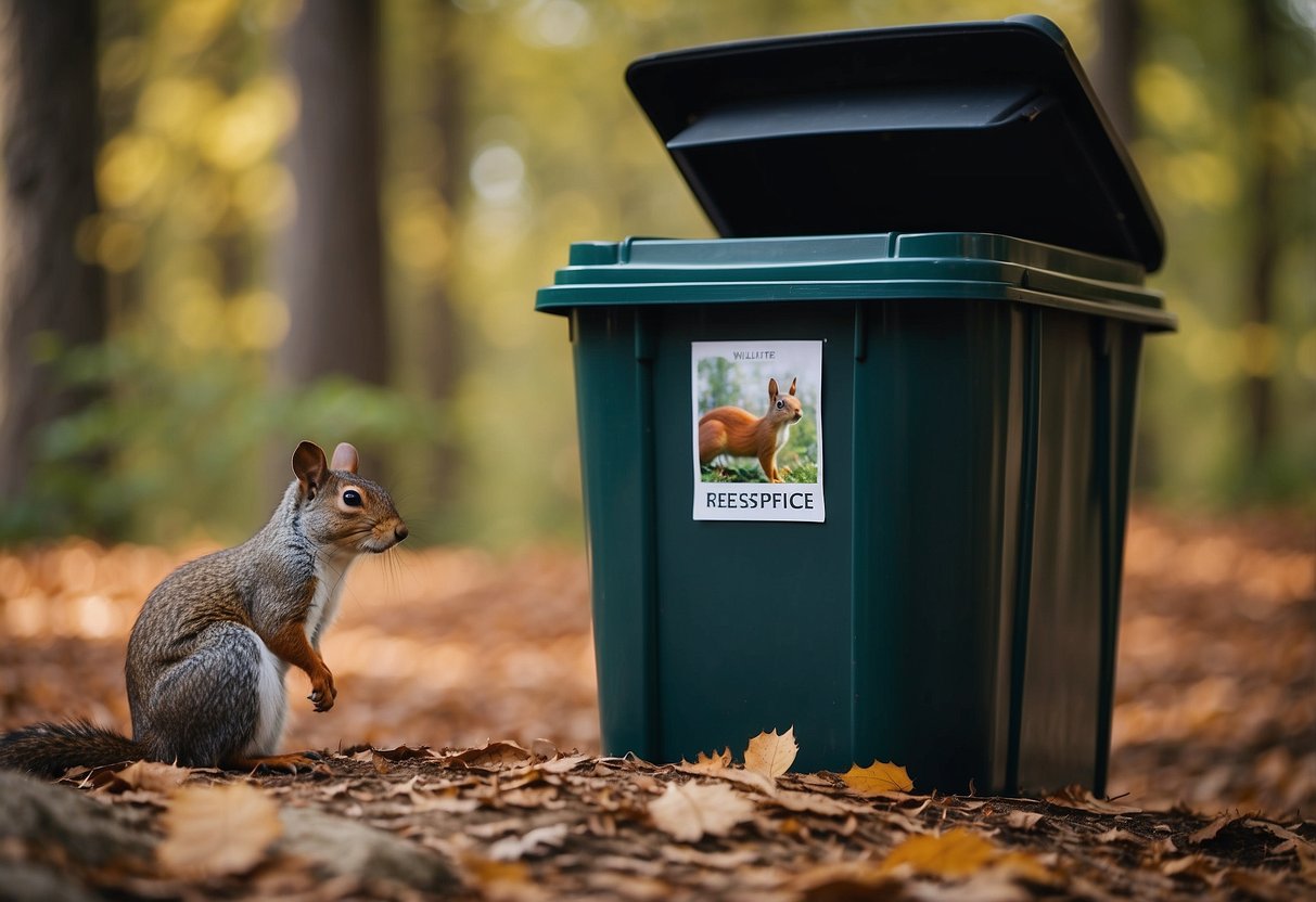 Wildlife watching tips: Trash in bin, no litter. Birds, deer, and squirrel in natural habitat. Respect wildlife