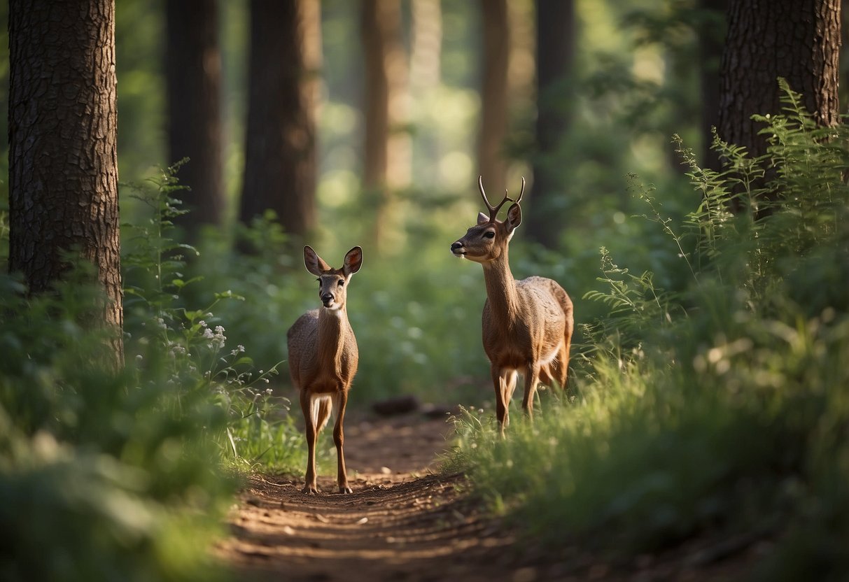 Wildlife watching: Animals in their natural habitat, birds flying, deer grazing, and squirrels foraging. Trees and bushes provide cover. Use binoculars