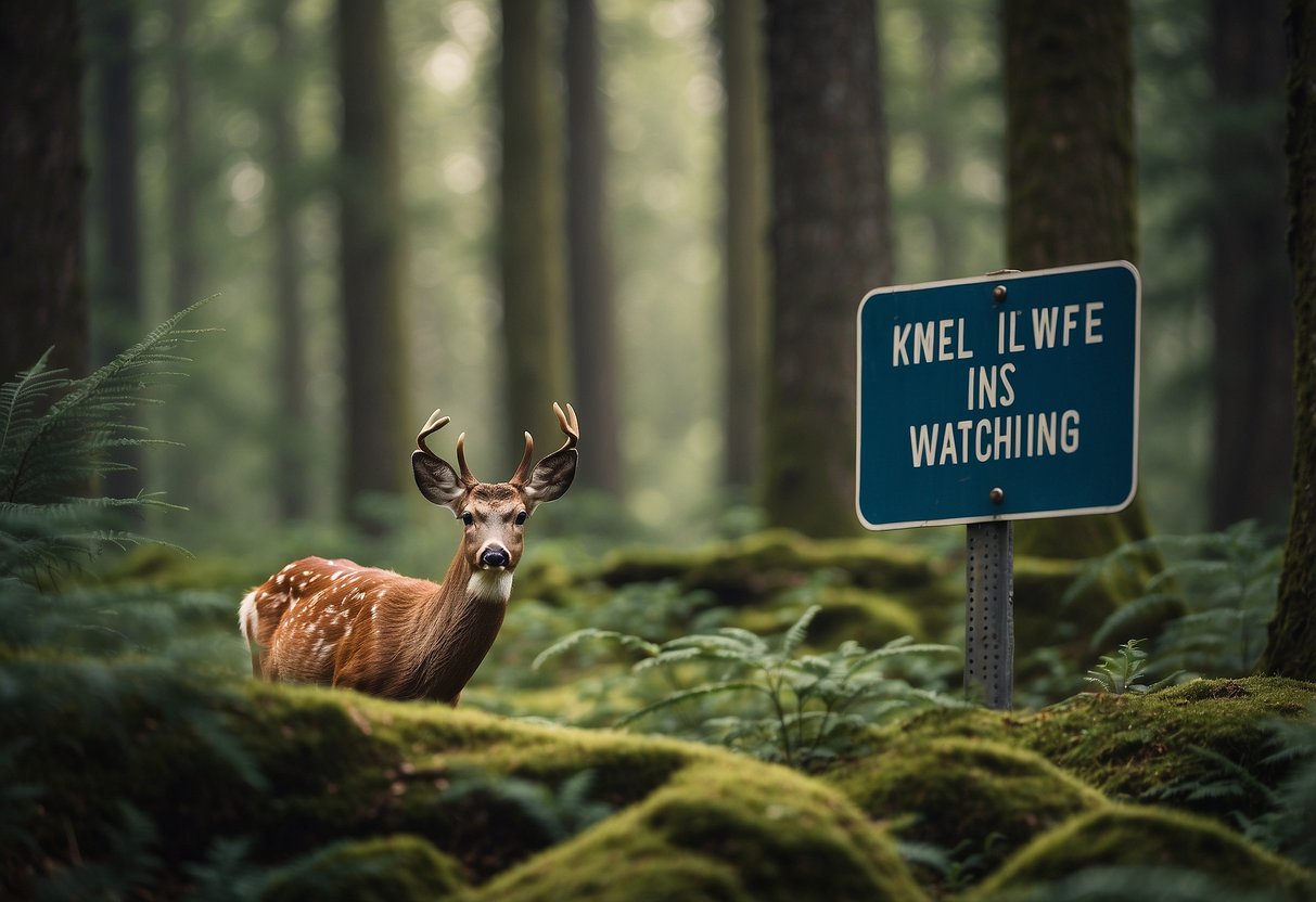 A serene forest clearing with a variety of wildlife present, including birds, deer, and small mammals. A sign nearby displays "7 Tips for Dealing with Wildlife While Wildlife Watching" in bold letters