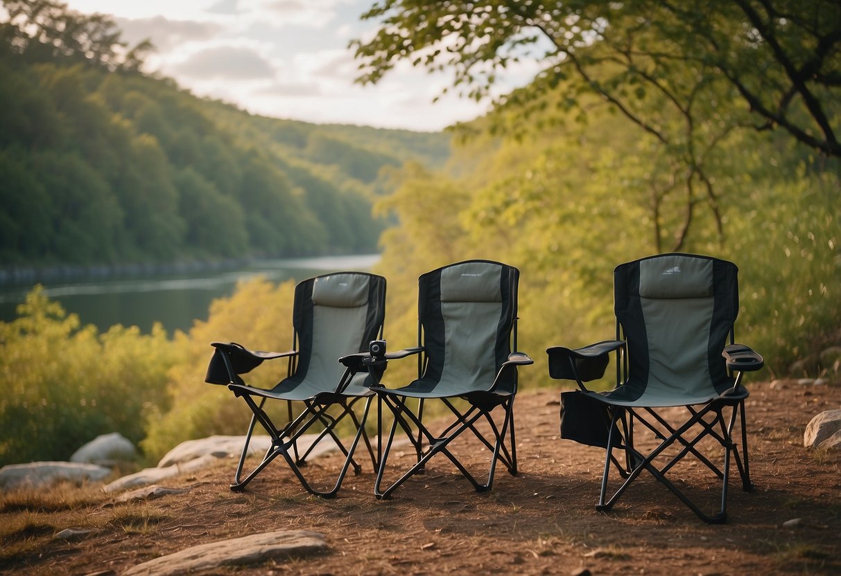 A group of lightweight, foldable chairs set up in a serene, natural setting with binoculars and cameras nearby, surrounded by wildlife