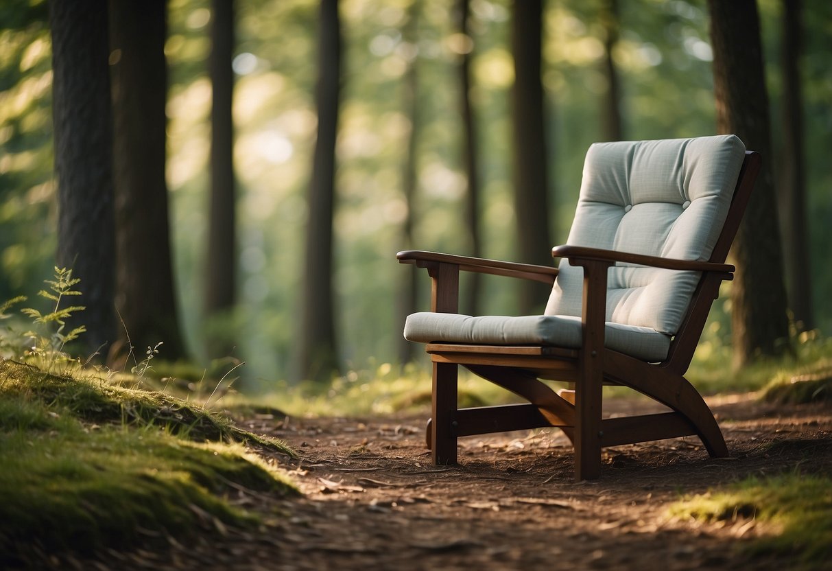 A serene forest clearing with a lightweight chair positioned for wildlife watching, surrounded by trees and natural scenery