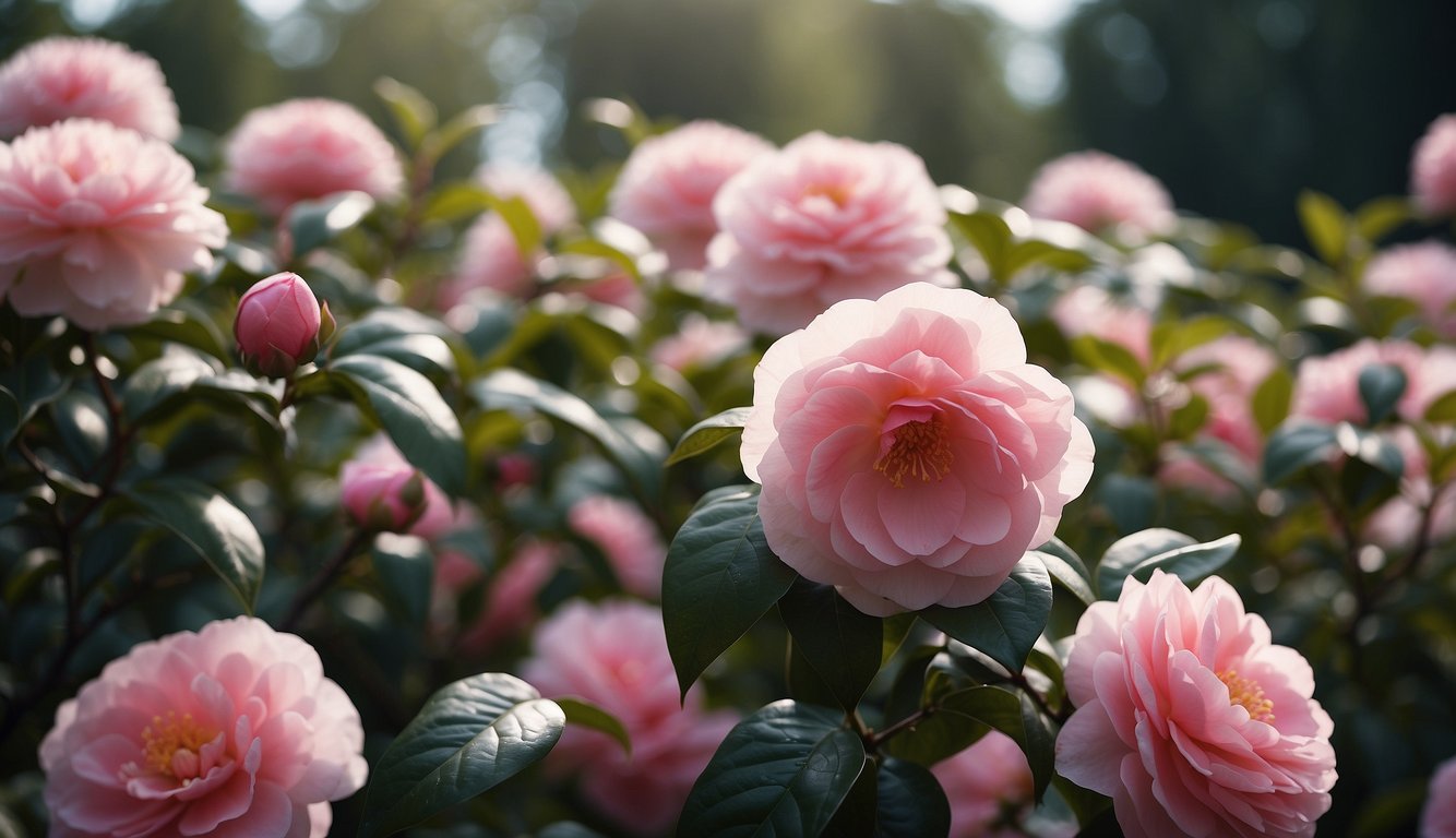 A garden filled with pink camellias in full bloom