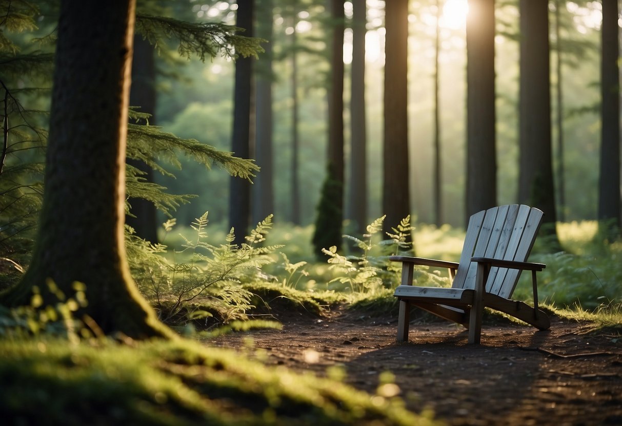 A tranquil forest clearing with a lightweight chair facing a serene wildlife scene, surrounded by tall trees and the sound of nature