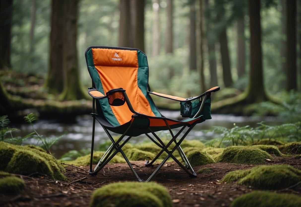 A serene forest clearing with a Therm-a-Rest Z Seat set up for wildlife watching, surrounded by tall trees and a gentle stream