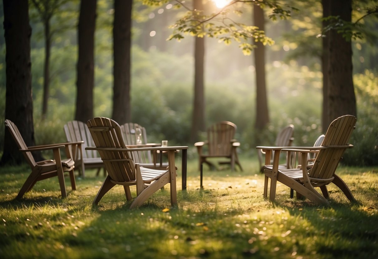 A serene woodland clearing with a variety of wildlife, including birds, deer, and rabbits, all peacefully coexisting. Five lightweight chairs are strategically placed for optimal viewing