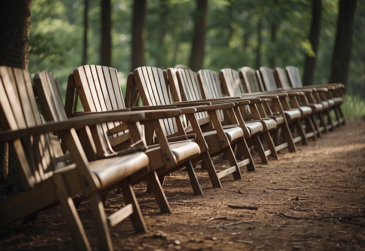 A group of lightweight wildlife watching chairs arranged in a natural setting, surrounded by trees and wildlife. Each chair is designed for comfort and durability, with easy-to-follow maintenance and care tips displayed nearby