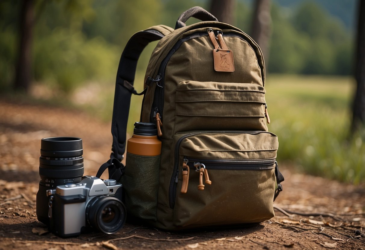 A backpack open on the ground, with a map, compass, binoculars, GPS device, field guide, notebook, and water bottle spilling out