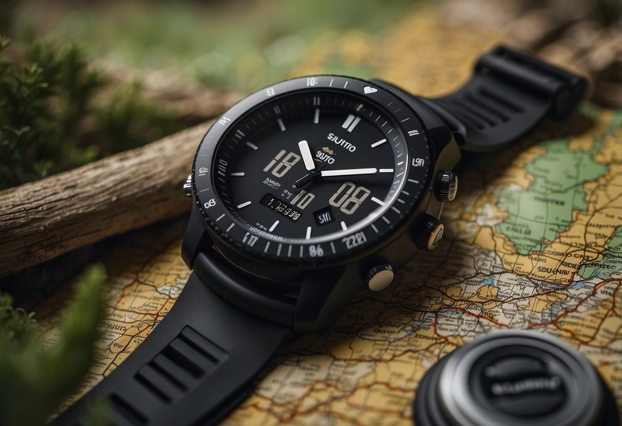 A Suunto Core All Black watch sits atop a map surrounded by essential navigation tools for wildlife watching trips