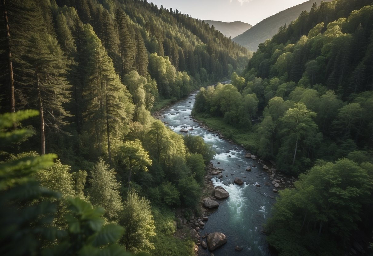 Lush forest with winding trails, a flowing river, and diverse wildlife. A smartphone with the Avenza Maps app open, displaying essential navigation tools