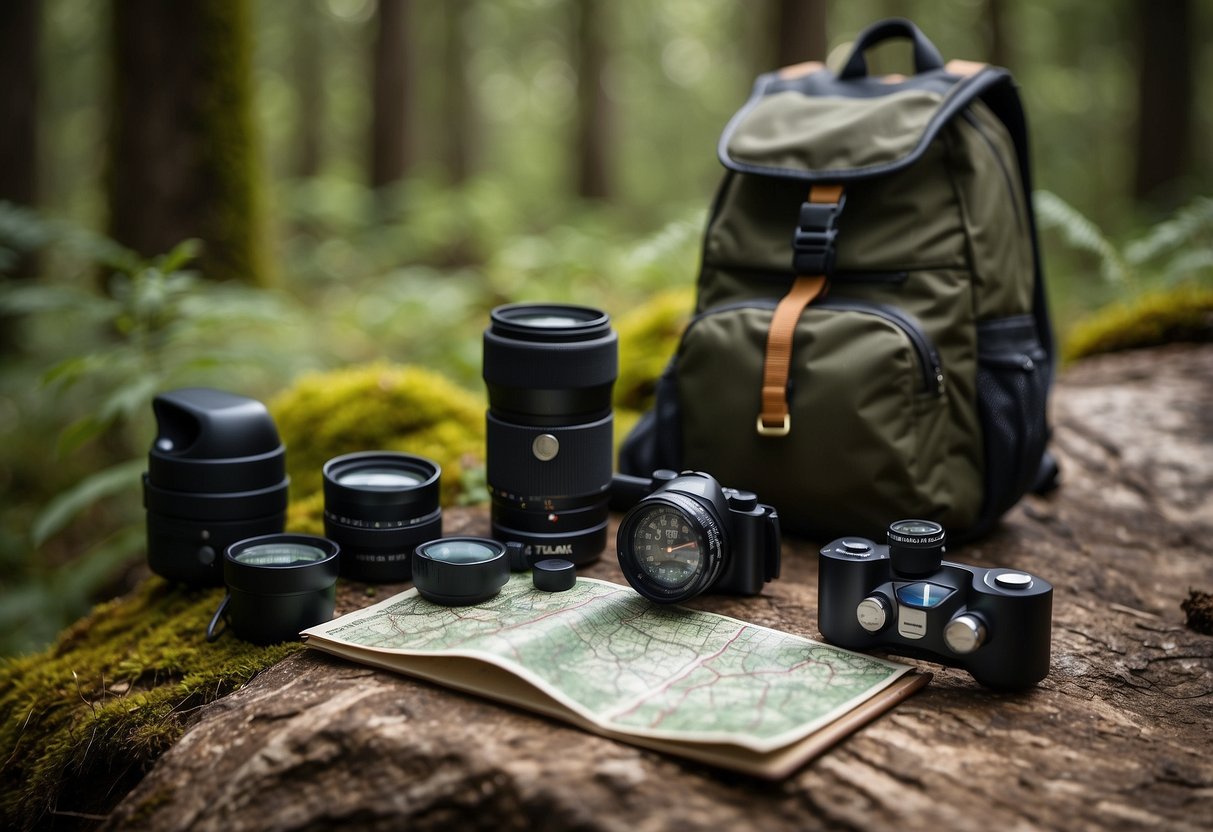 A forest clearing with a backpack, binoculars, compass, map, and TILE Mate key finder laid out on a rock. Surrounding trees and wildlife in the background