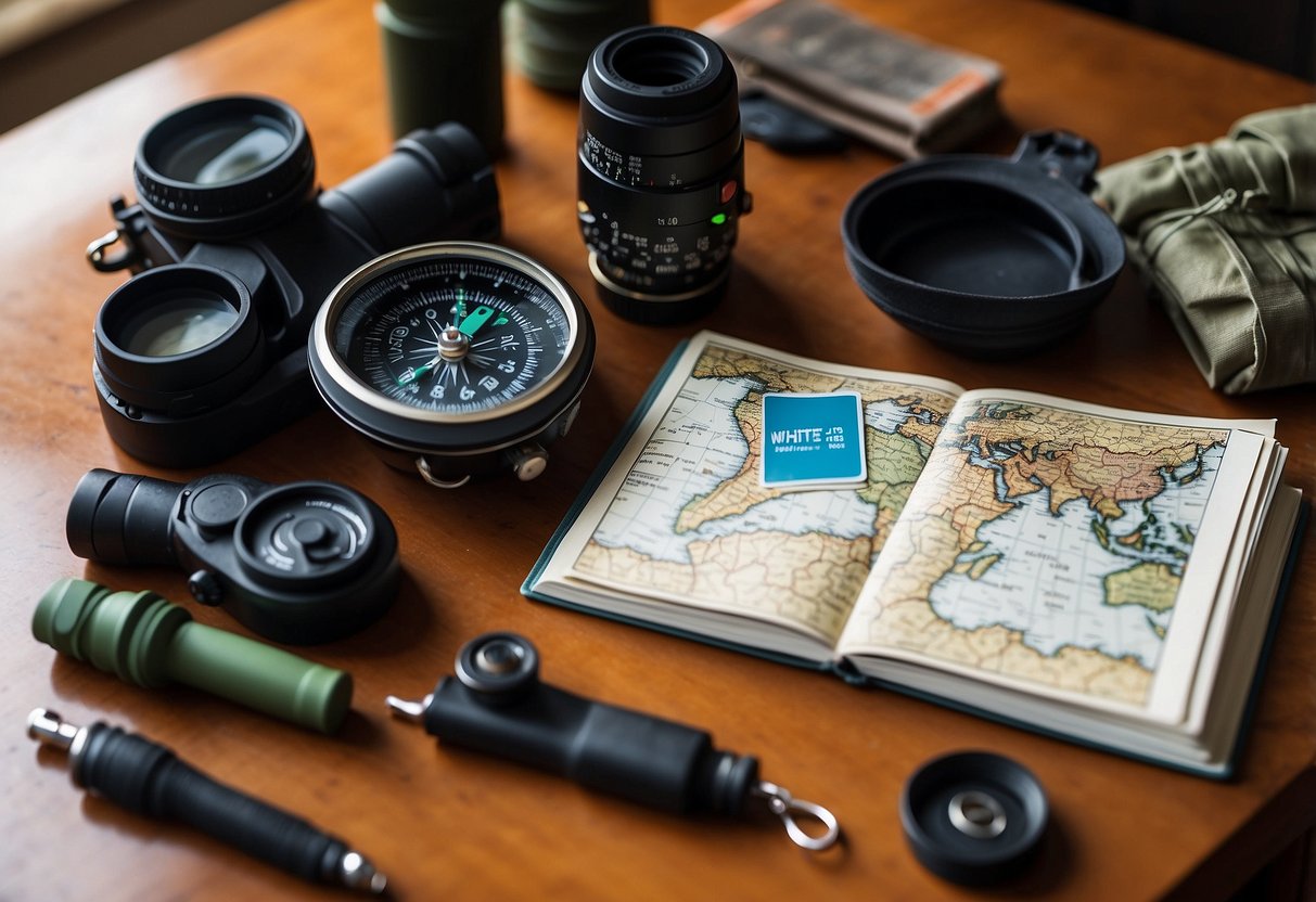 A compass, binoculars, map, GPS, field guide, notebook, pen, whistle, flashlight, and sunscreen laid out on a table