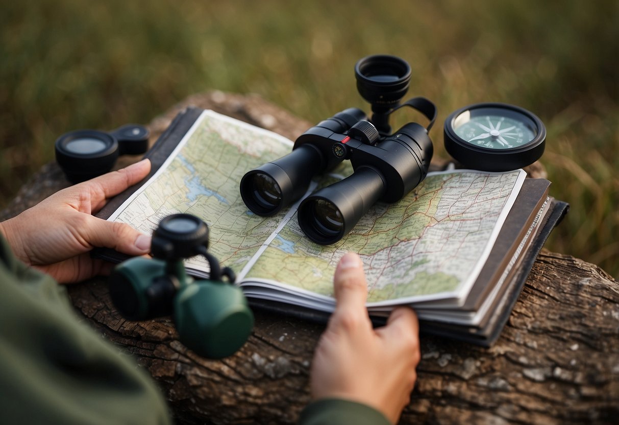 A wildlife watcher holds binoculars and a compass, surrounded by maps, a GPS device, and a field guide