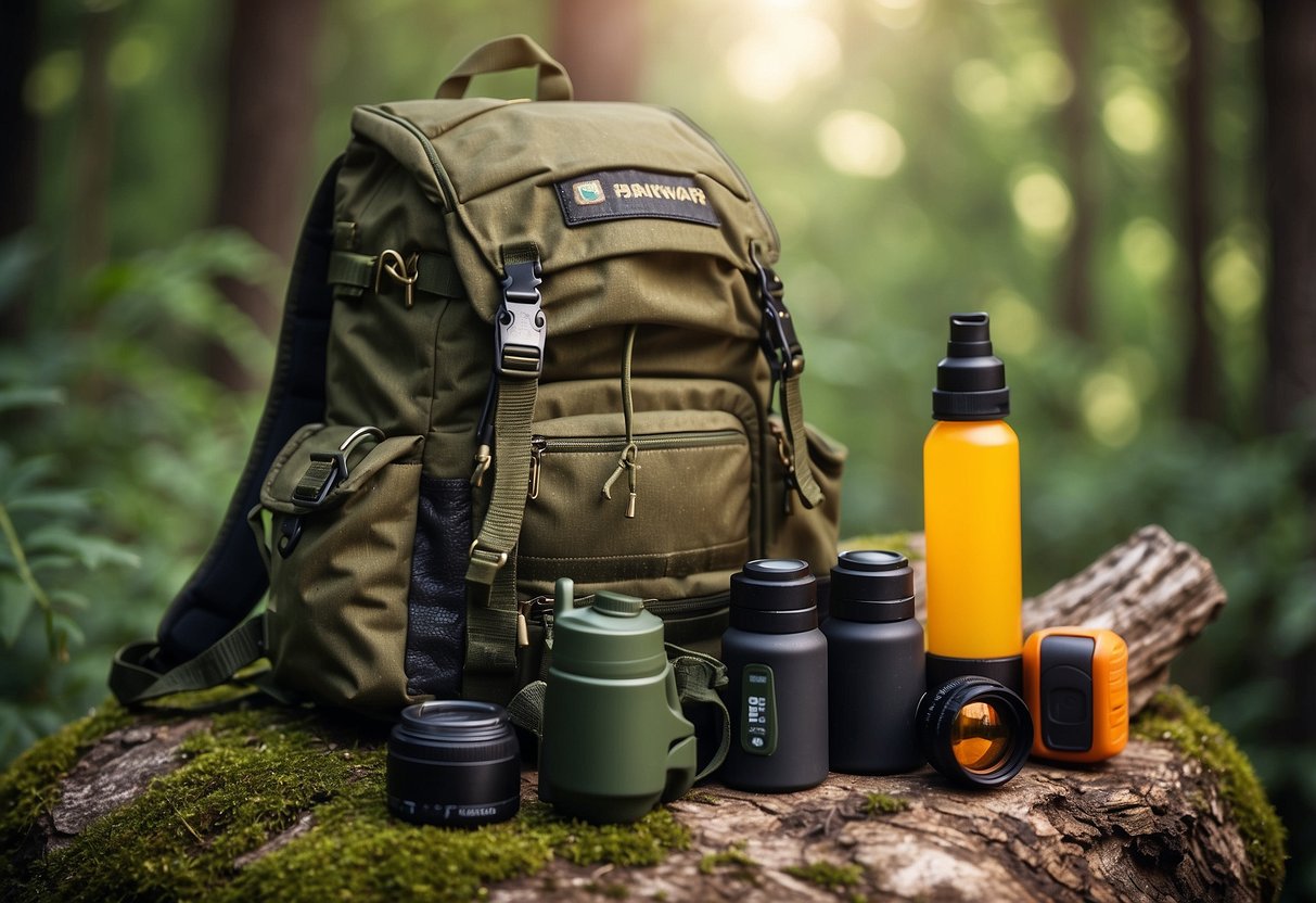 A backpack with binoculars, GPS, map, compass, whistle, flashlight, first aid kit, water bottle, sunscreen, and insect repellent