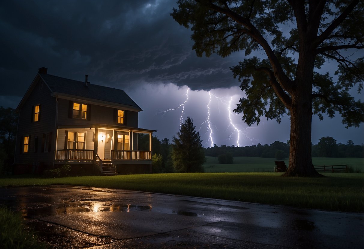 Dark storm clouds loom overhead as lightning flashes in the distance. Rain pours down, and strong winds whip through the trees. A house stands with boarded windows, and a flashlight illuminates a preparedness kit nearby