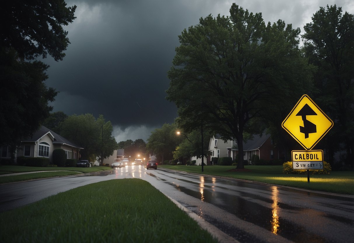 Dark storm clouds loom over a suburban neighborhood. Rain pelts down, and trees sway in the wind. A caution sign advises, "Stay away from windows."