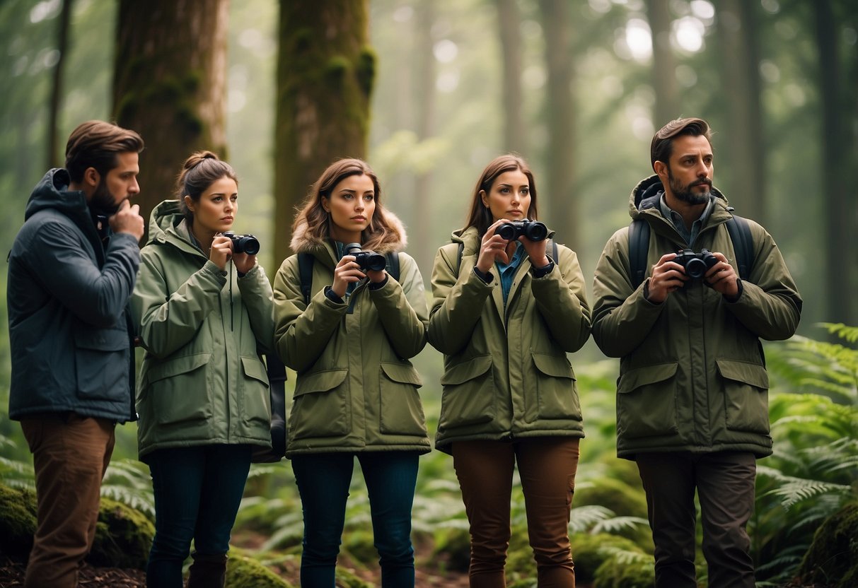 A group of wildlife enthusiasts wearing lightweight jackets, binoculars around their necks, quietly observing animals in a lush forest