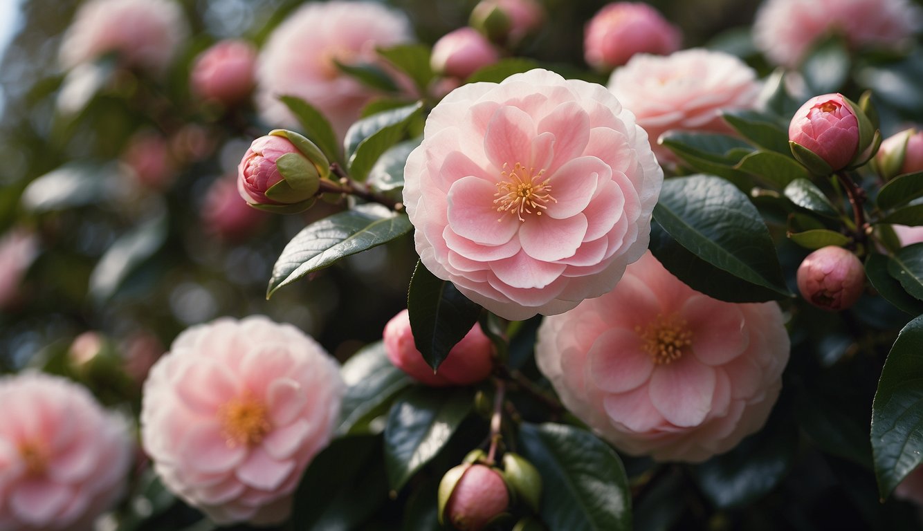 A garden of pink camellias, blooming in a circle, symbolizing love, gratitude, and admiration