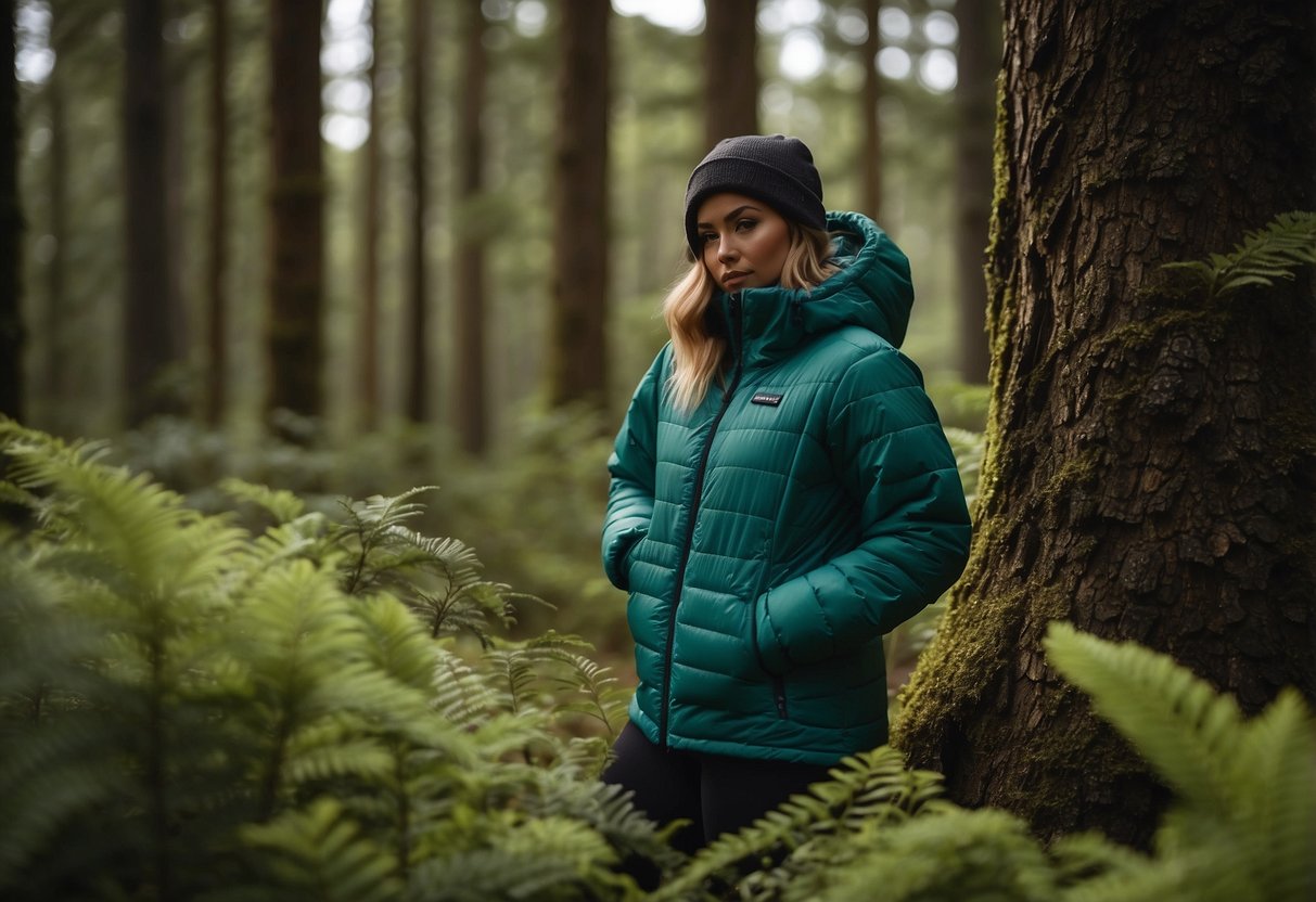 A woman's Patagonia Nano Puff Jacket hangs on a tree branch in a lush, green forest, with wildlife such as birds and deer in the background