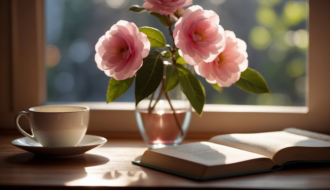 Pink camellias arranged in a glass vase on a wooden table, with a book and a cup of tea nearby. Sunlight streams through a nearby window, casting a warm glow on the delicate flowers