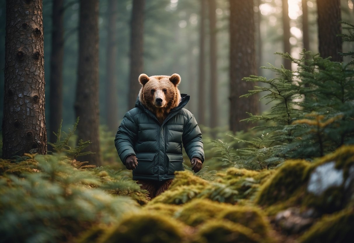 A forest clearing with wildlife, featuring a bear, deer, and birds, with a prominent focus on a hanging North Face ThermoBall Eco Jacket