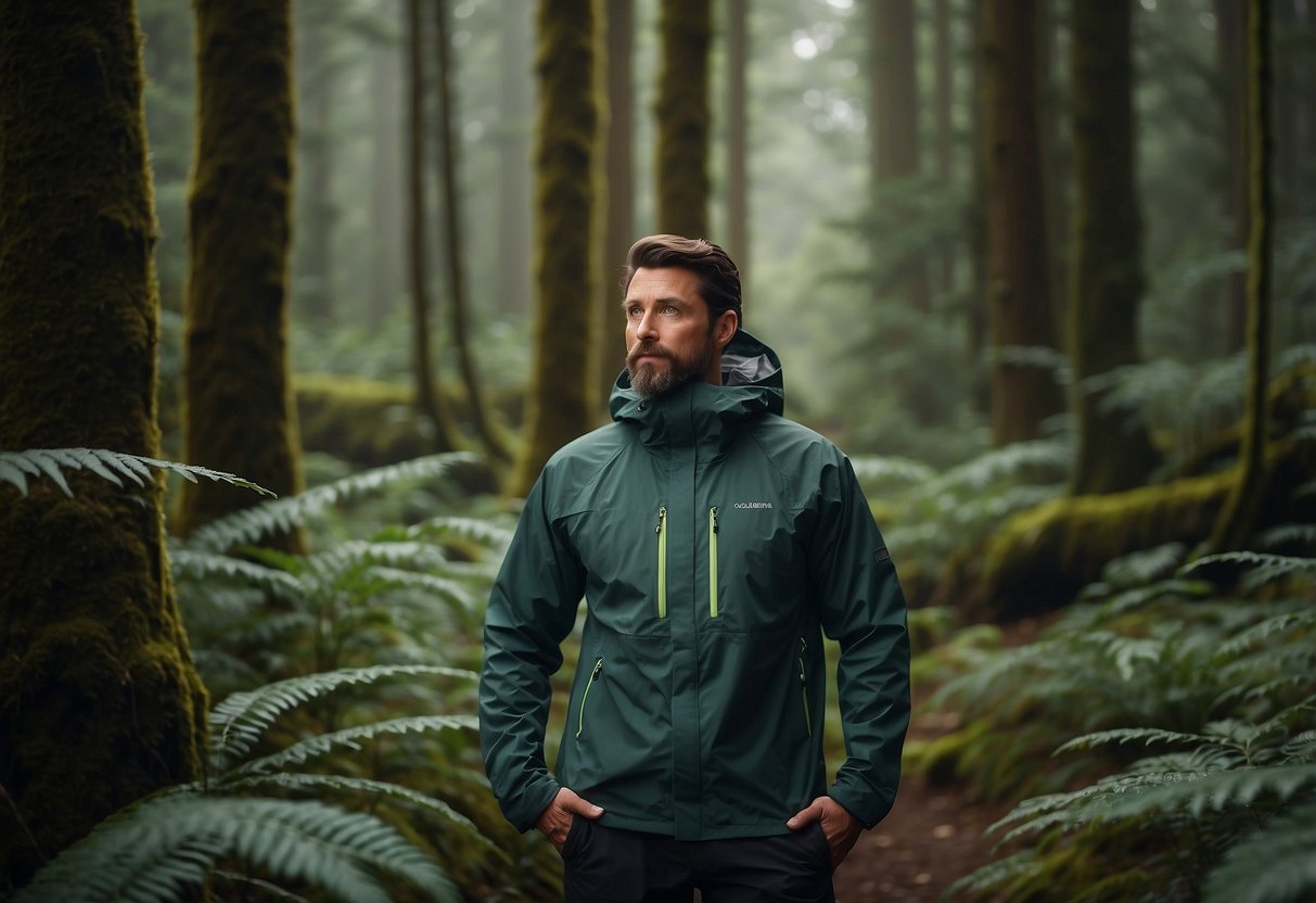 A hiker stands in a lush forest, wearing a Columbia Men's Watertight II Jacket. He watches wildlife, surrounded by lightweight, breathable protection