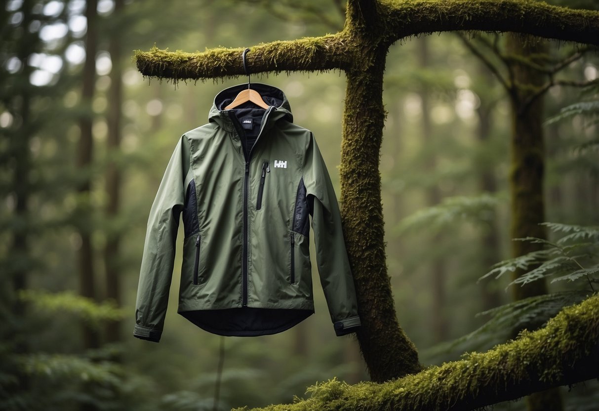 A woman's Helly Hansen Loke Jacket hangs on a tree branch in a lush forest, with birds and wildlife in the background