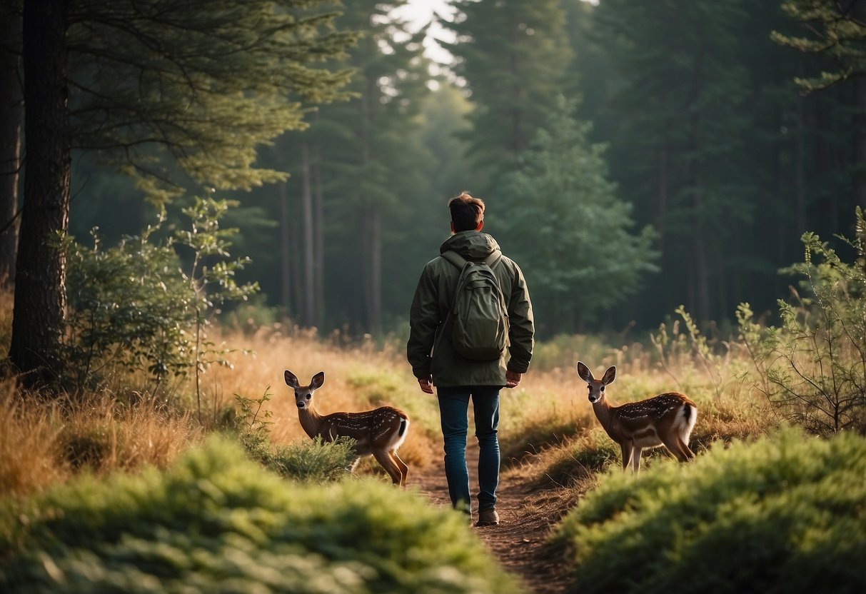 A forest clearing with a variety of wildlife, such as birds, deer, and rabbits, surrounded by trees and bushes. A person wearing a lightweight jacket is observing the animals from a distance