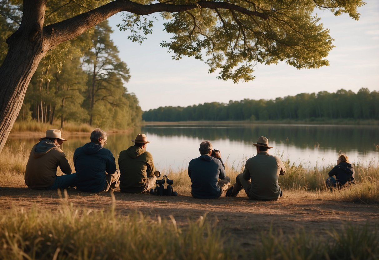 Wildlife watchers resting, drinking water, and stretching after a long trip. Binoculars and camera equipment scattered around. Peaceful natural setting with trees and wildlife in the background