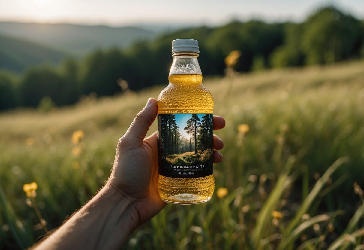 A person's hand holding a bottle of electrolyte-rich drink with a wildlife scene in the background, such as a forest or savanna with animals in the distance