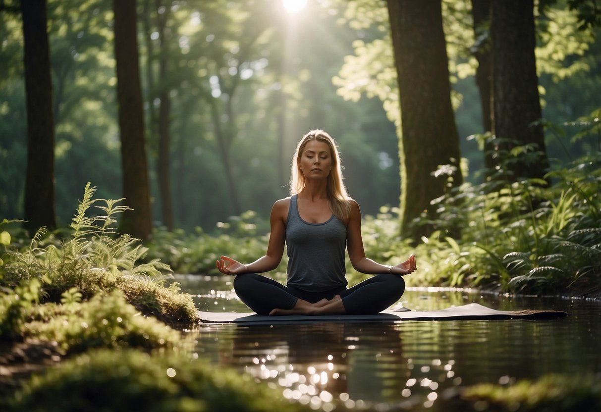 A serene forest clearing with a gentle stream, surrounded by lush greenery. A yoga mat is laid out on the ground, with a person in a relaxed yoga pose. Bird and animal sounds fill the air