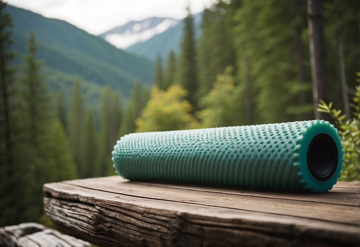 Foam rollers lay on a wooden floor surrounded by hiking gear. A serene forest backdrop with wildlife in the distance