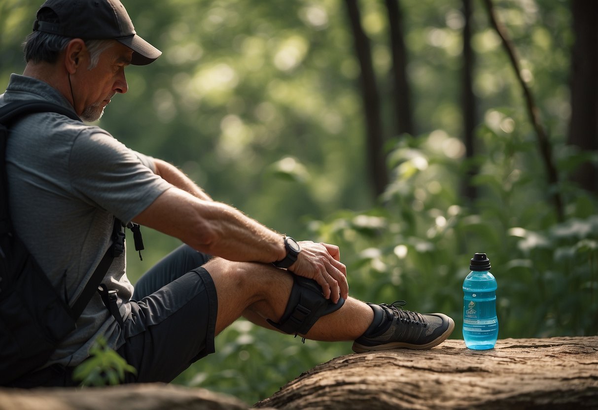 A hand squeezes cooling gel onto a sore knee. A backpack and binoculars sit nearby. Trees and wildlife surround the tranquil scene