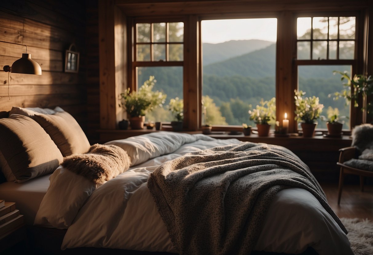 A cozy bed with soft pillows and a warm blanket, surrounded by nature-themed decor. A window with a view of wildlife and a peaceful, serene atmosphere