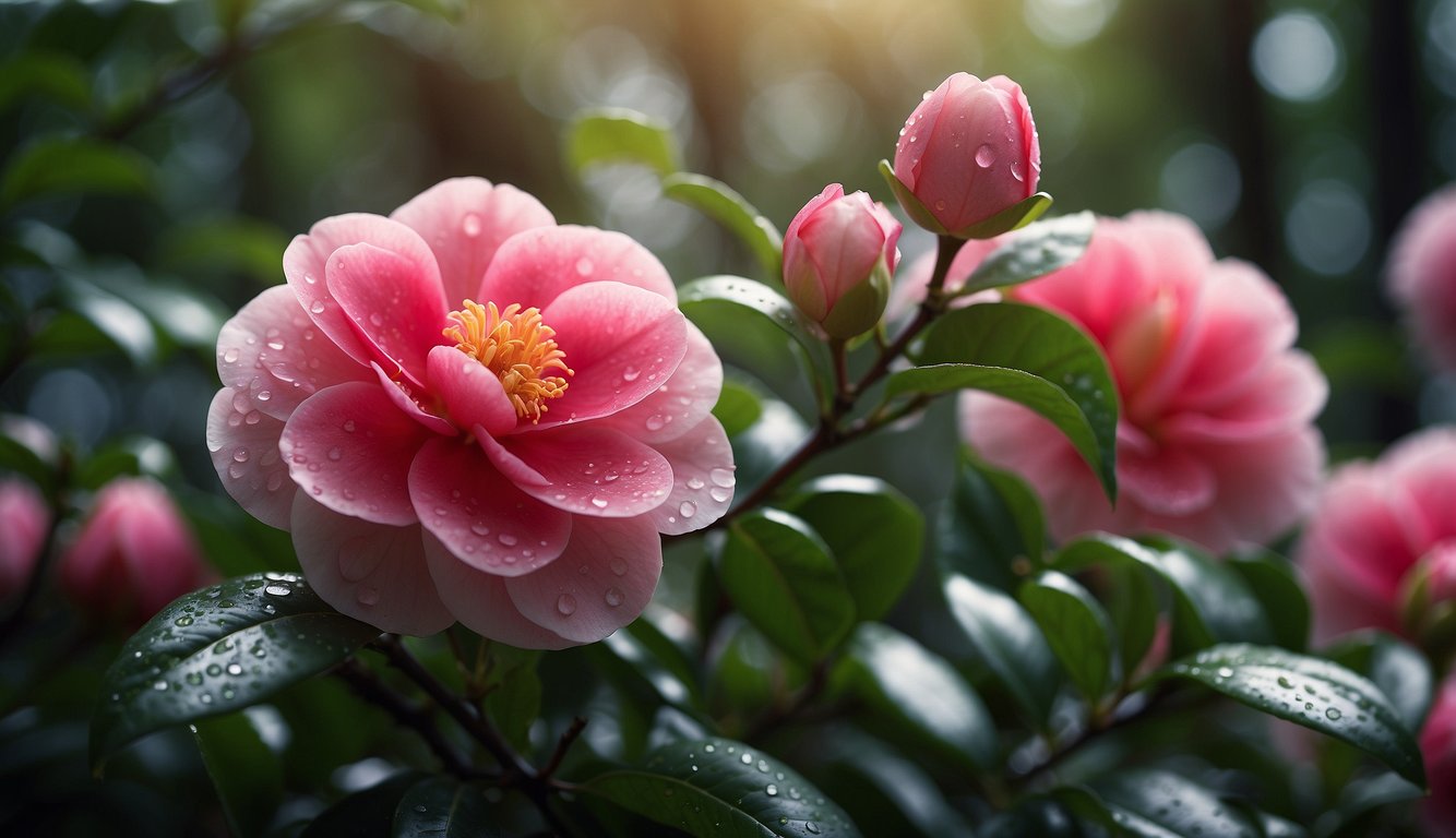 A vibrant Camellia japonica lovelight blooms in a serene garden setting, surrounded by lush green foliage and delicate dew drops