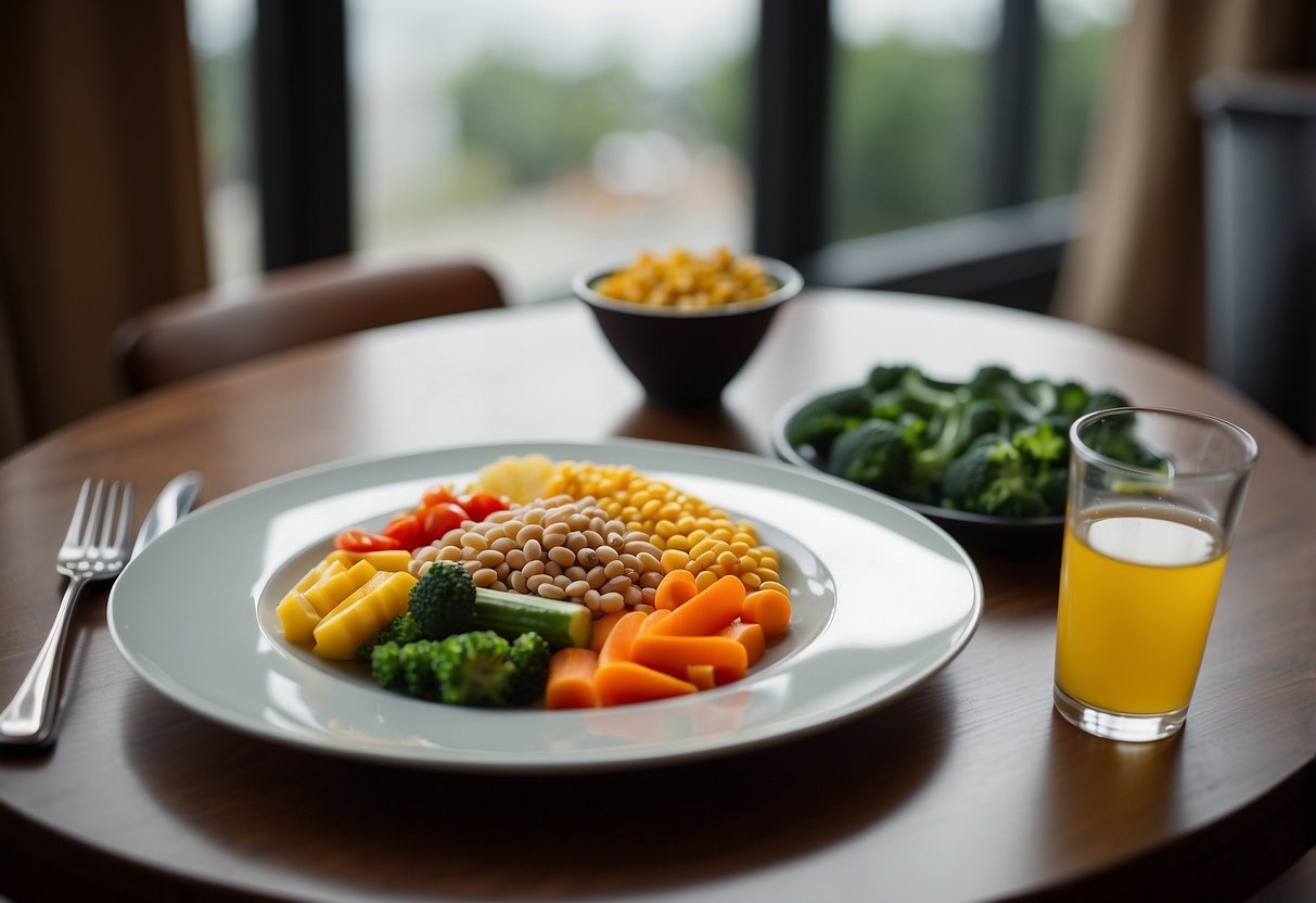 A plate with colorful vegetables, grains, and a lean protein source sits on a table, surrounded by a glass of water and a napkin