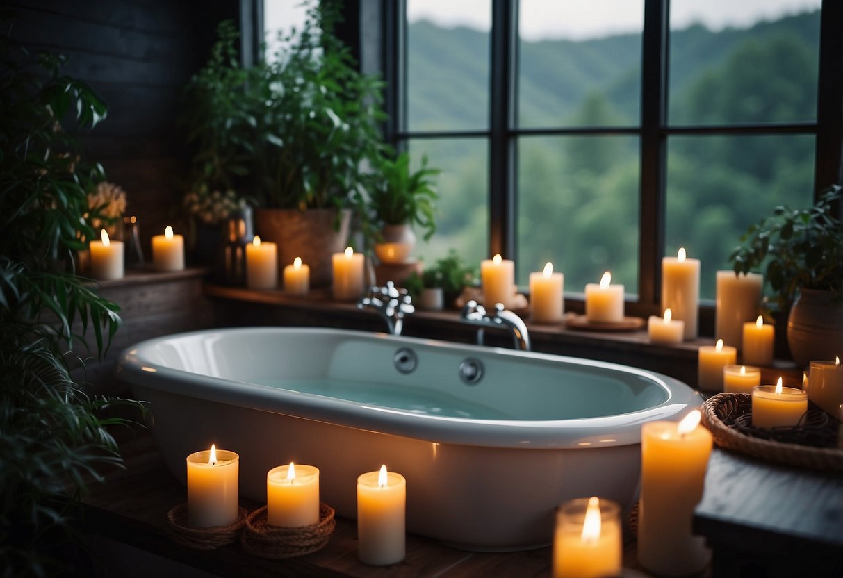 A cozy bathroom with a steaming bathtub surrounded by candles and greenery, creating a tranquil atmosphere for post-trip relaxation