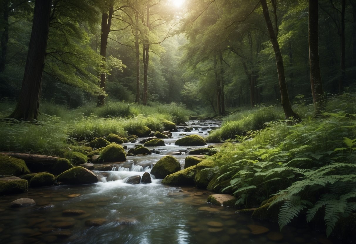 A serene forest clearing with a tranquil stream, surrounded by lush greenery. A gentle breeze rustles the leaves as wildlife peacefully roam and birds sing in the distance