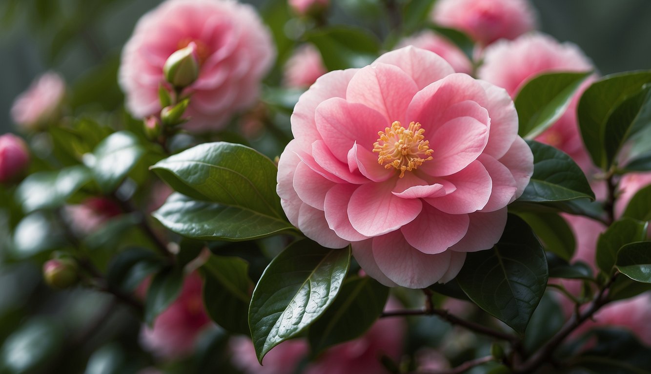 A close-up of a blooming camellia japonica lovelight with vibrant pink petals and glossy green leaves against a soft, blurred background