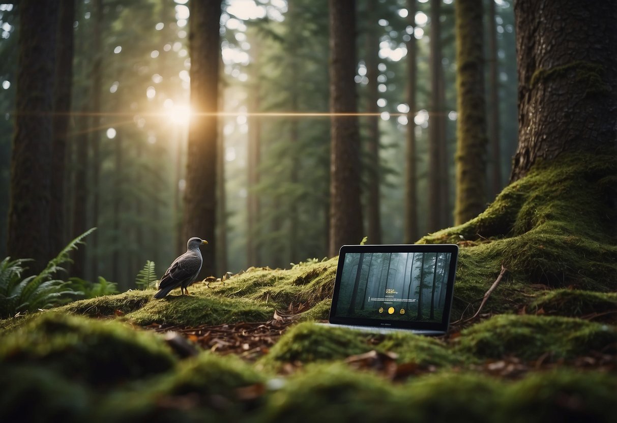 A serene forest with wildlife and a digital device in the background, surrounded by signs reminding viewers to limit screen time