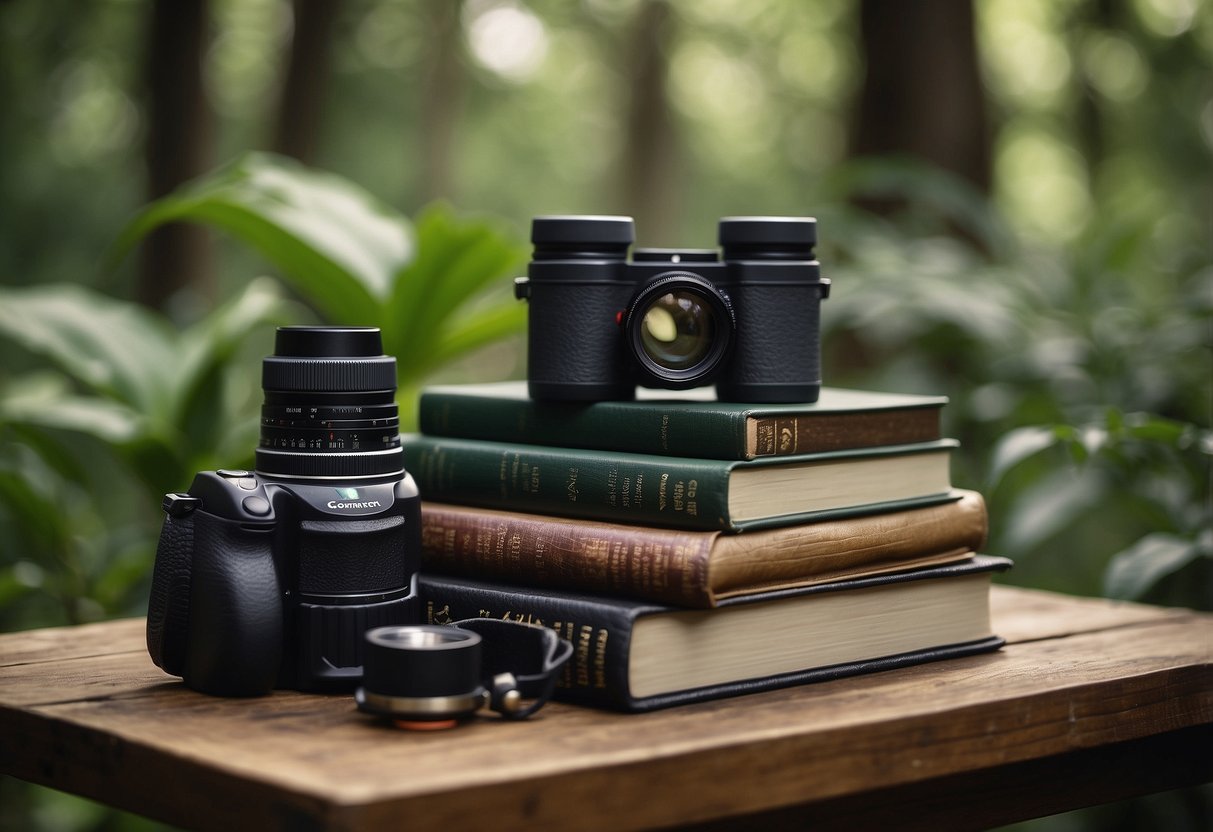 Wildlife conservation books stacked on a table with a pair of binoculars and a journal, surrounded by lush greenery and wildlife habitat