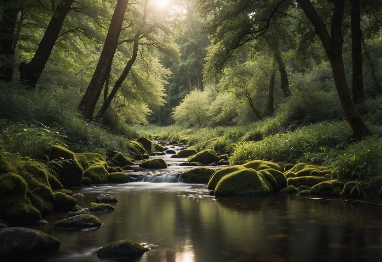 A tranquil forest clearing with a stream, surrounded by diverse wildlife. A peaceful atmosphere with birds chirping and animals resting or foraging. A sense of calm and rejuvenation after a wildlife-watching trip