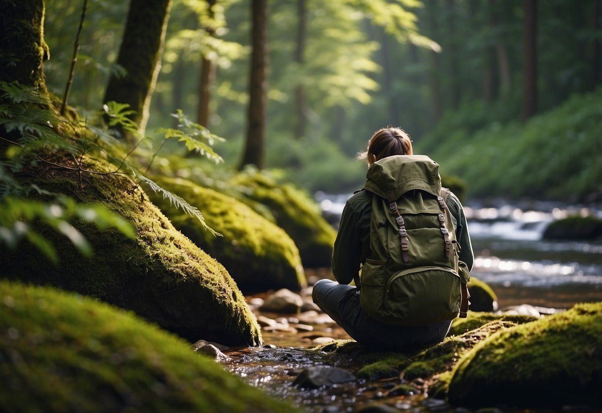 A serene forest clearing with a tranquil stream, surrounded by diverse wildlife. A person's backpack and binoculars are placed on a nearby rock, indicating a recent wildlife-watching trip