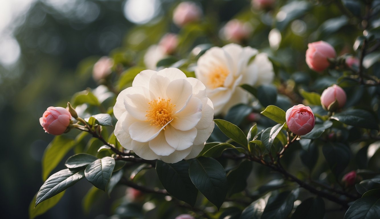 A garden filled with blooming camellia japonica lovelight